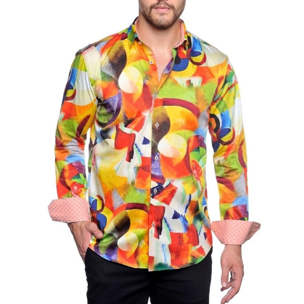 (A4)‎ Mizumi Couture Mens Modern Fit Abstract Art Cotton Button Down Shirt M